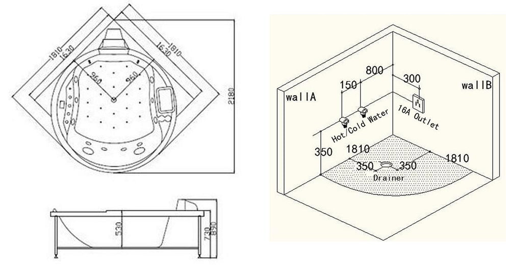 Luxus XL 2 Personen Whirlpool Boulder 181x181 Badewanne TV