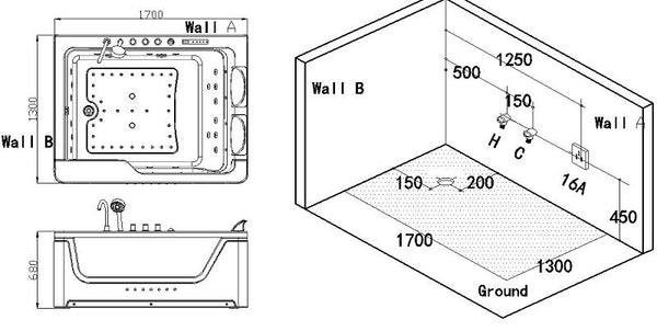 Luxus 2 Personen Whirlpool Alabama 170x130 Badewanne (schwarz) SONDERPREIS