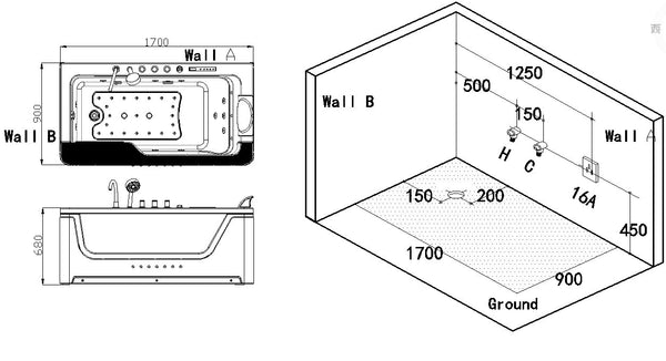 1 Person Whirlpool 170x90 Adelaide Badewanne SONDERPREIS (weiß)