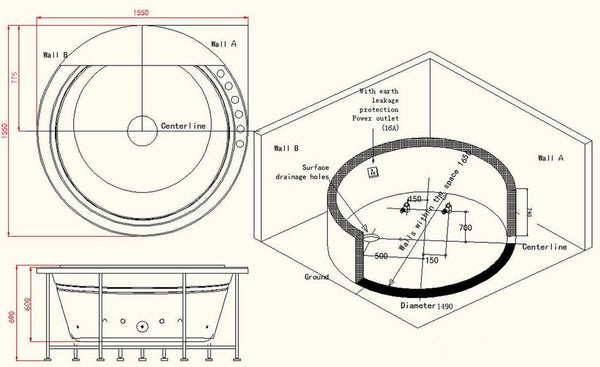 2 Personen Whirlpool 155x155 Austin 2 Badewanne Marmor (weiß/ohne Schürze)