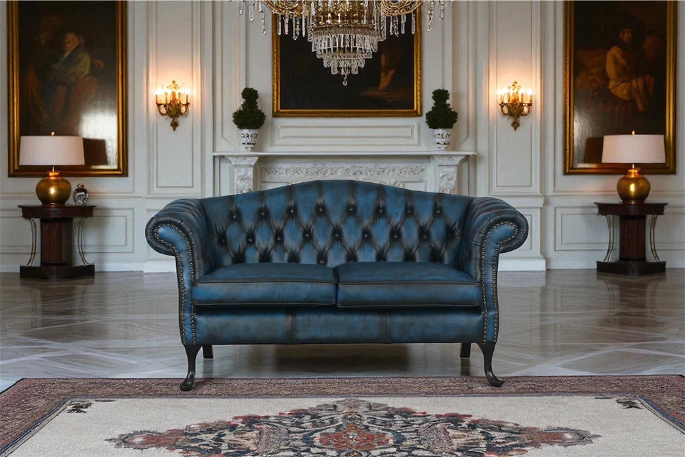 Edles Sofa Chesterfield 2-Sitzer Couch New Piccadilly Deluxe Ledersofa Salottini blau