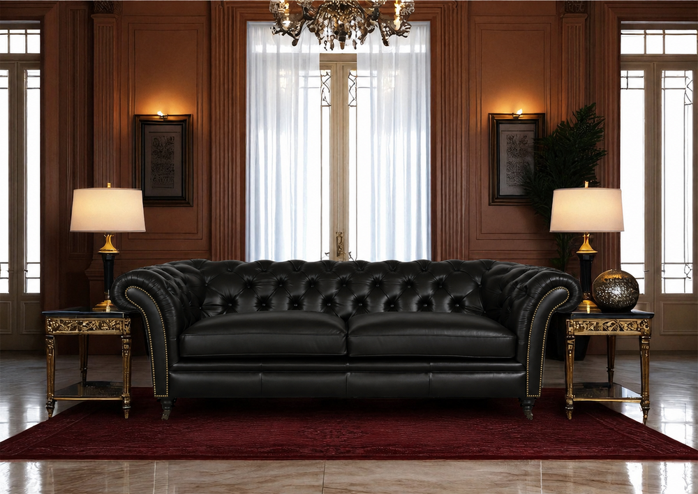 Luxus XL Sofa Chesterfield 2-Sitzer Couch Themse Deluxe Ledersofa Salottini Schwarz