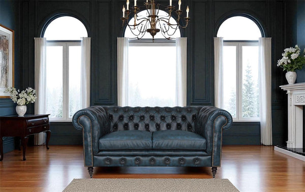 Premium Sofa Chesterfield 2-Sitzer Couch Waterloo Deluxe Ledersofa Salottini blau
