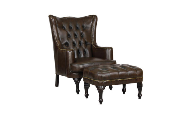 Chesterfield Ohrensessel Katerine Deluxe Ledersessel Hocker braun SONDERPREIS