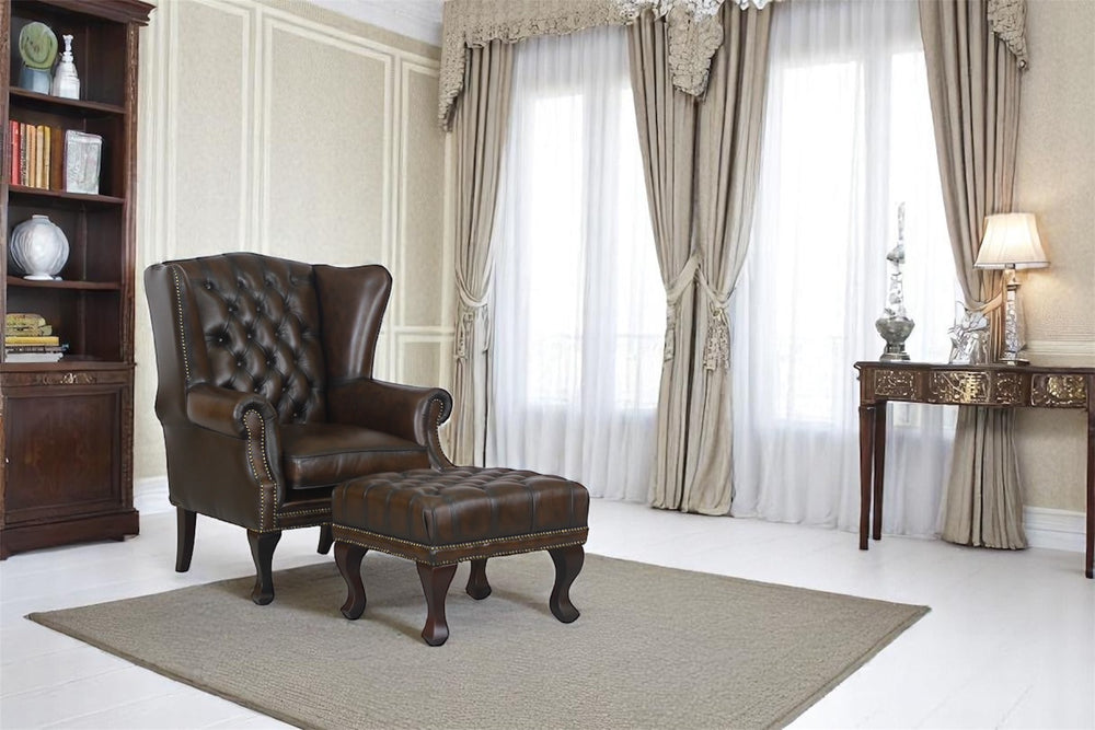 Edler Chesterfield Ohrensessel Dunhill Deluxe Ledersessel mit Hocker Salottini Rot