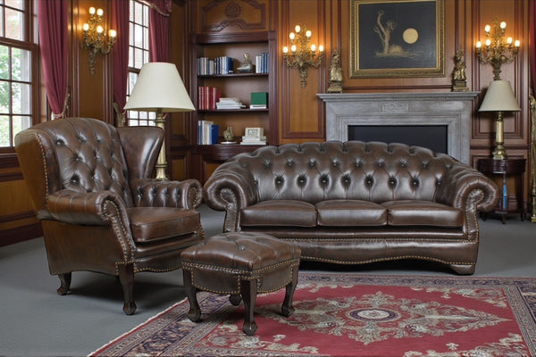 Edle Chesterfield Premier Deluxe Sofagarnitur 3/1/Hocker Ledergarnitur Salottini