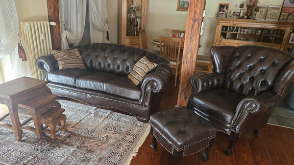 Edle Chesterfield Premier Deluxe Sofagarnitur 3/1/Hocker Ledergarnitur Salottini