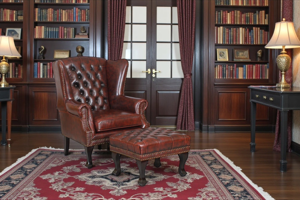 Edler Chesterfield Ohrensessel Dunhill Deluxe Ledersessel mit Hocker Salottini Rot