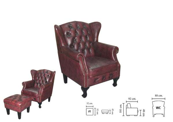 Chesterfield Ohrensessel Kate Deluxe Ledersessel mit Hocker Salottini