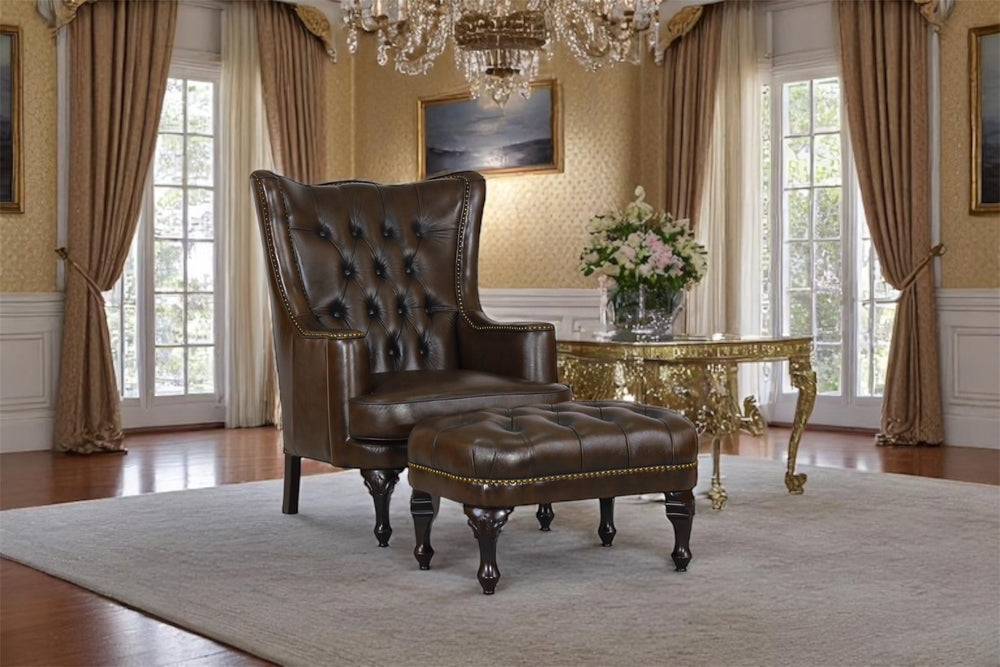 SOFORT LIEFERBAR Chesterfield Ohrensessel Katerine Deluxe Ledersessel Hocker braun SONDERPREIS