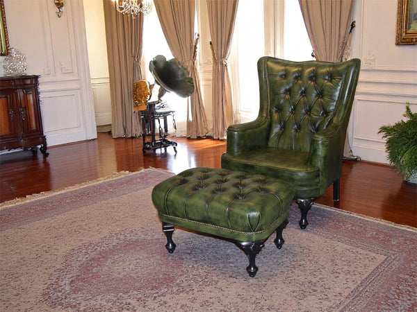 Chesterfield Ohrensessel Katerine Deluxe Ledersessel Hocker braun SONDERPREIS