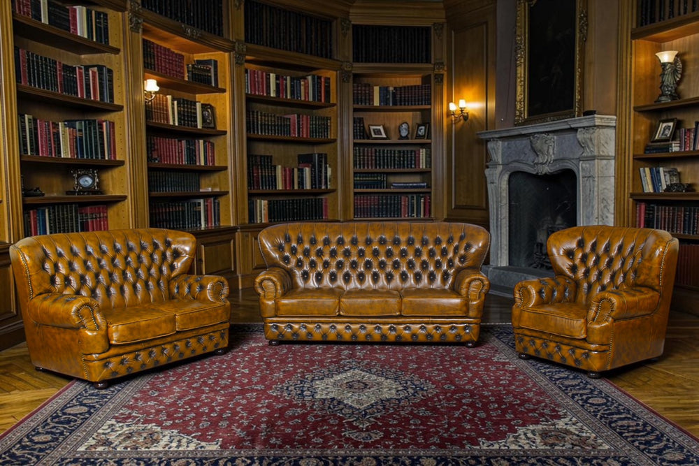 Luxus XL Chesterfield Logan Deluxe Sofagarnitur (3/2/1 oder 3/1/1) Ledergarnitur Whiskey
