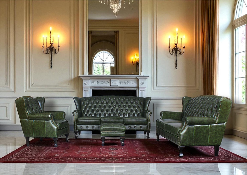 XL Elite Chesterfield LEEDS Deluxe Sofagarnitur 3/2/1 & Hocker Ledergarnitur Salottini