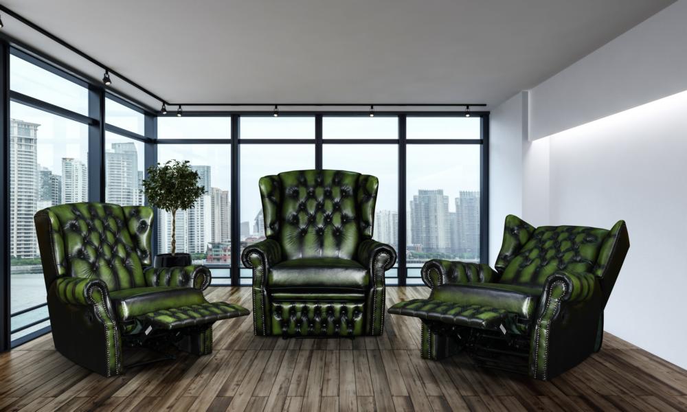 Chesterfield Ohrensessel Stunning Deluxe Recliner Ledersessel Relaxsessel mit Motor Salottin grün