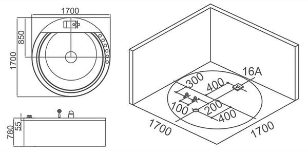 2 Pers. INDOOR XL Whirlpool 170x170 Austin 2 Badewanne Sonderpreis (ohne Schürze)