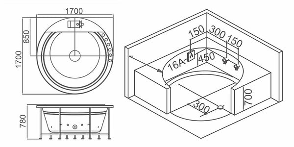 2 Pers. INDOOR XL Whirlpool 170x170 Austin 2 Badewanne Sonderpreis (ohne Schürze)