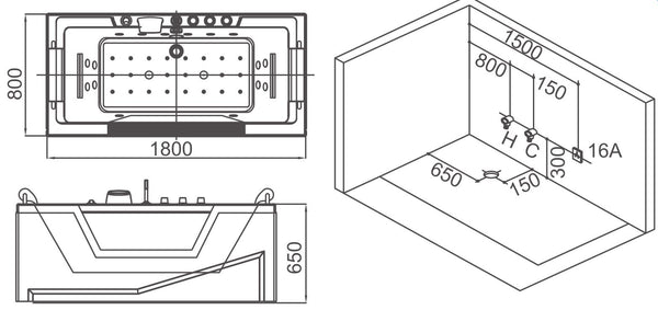 Whirlpool für 1 Person 180x80 Dallas Badewanne (Bullauge) Whirlwanne Sonderpreis