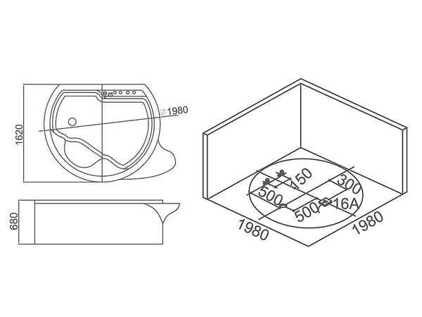 XL 2 Personen Whirlpool Perth 198x162 Badewanne Whirlwanne freistehend schwarz