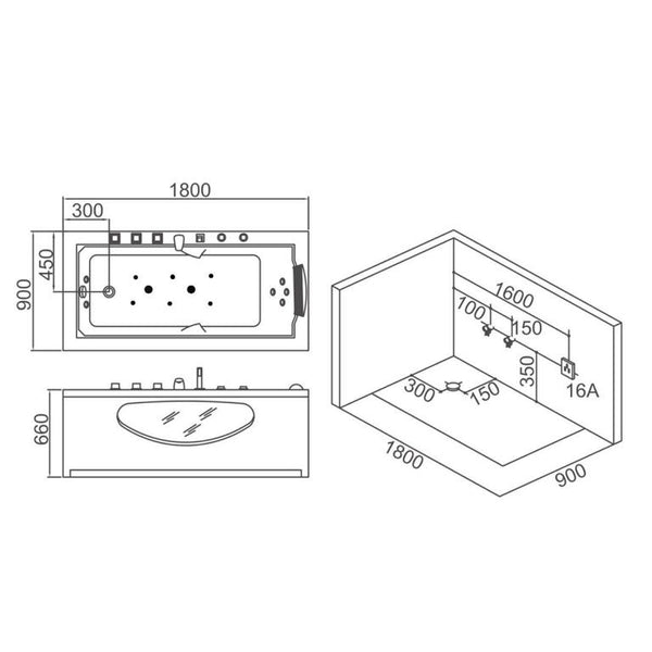 Whirlpool für 1 Person 180x89 Texas Badewanne (Bullauge & Echtholzrand) Whirlwanne Sonderpreis