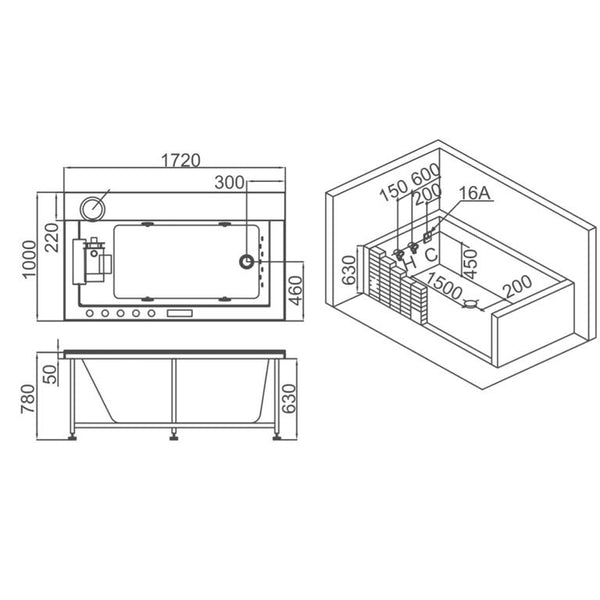 1 Person Luxus Whirlpool Victoria 172x100 Badewanne Marmor (weiß & ohne Schürze)